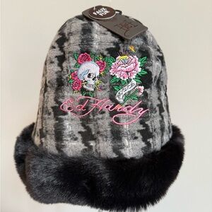 Ed Hardy Black & Gray Beanie with faux fur trim. Embroidered Skull & Flowers